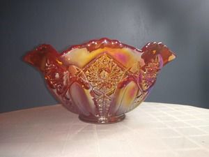 Red hobstar carnival glass ruffled bowl
